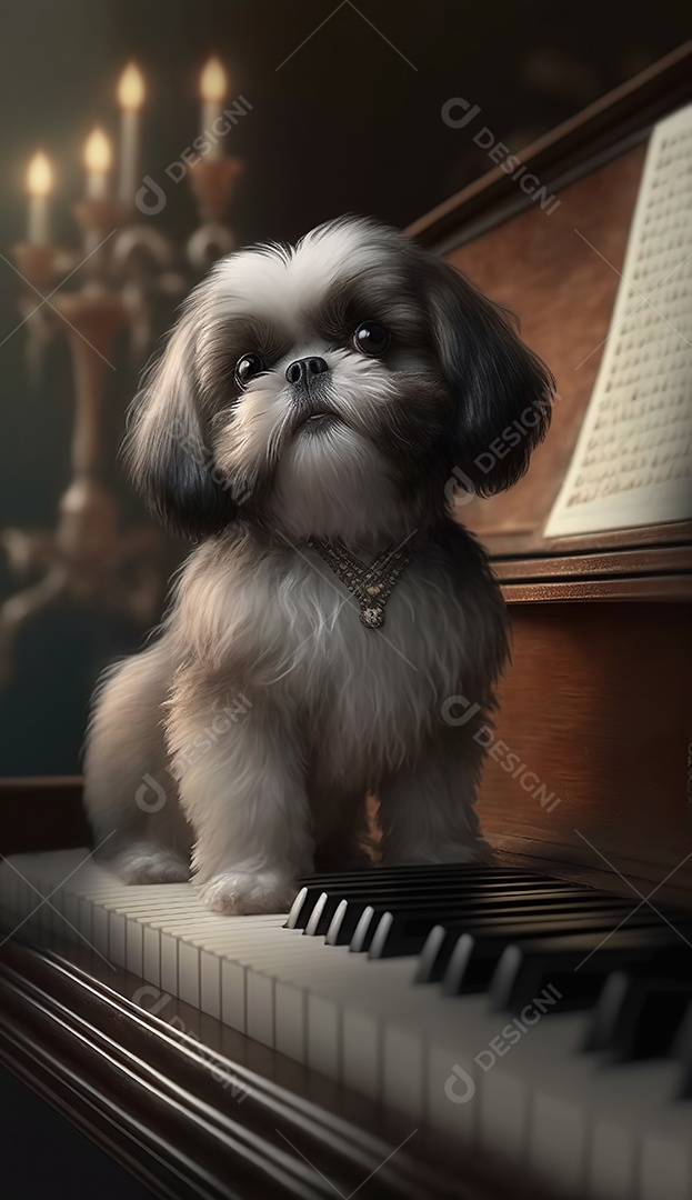 Adorável cão de estimação no piano. Bonitinho.