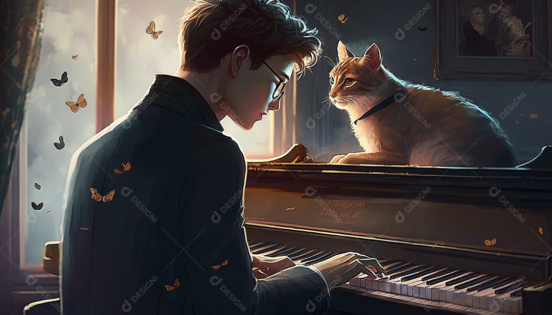 um jovem tocando piano gato sentado no chão. Vintage