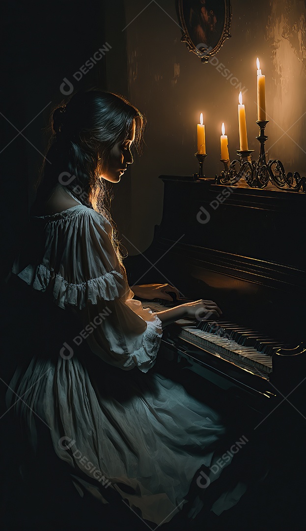 uma bela jovem em um vestido longo tocando piano. Vintage
