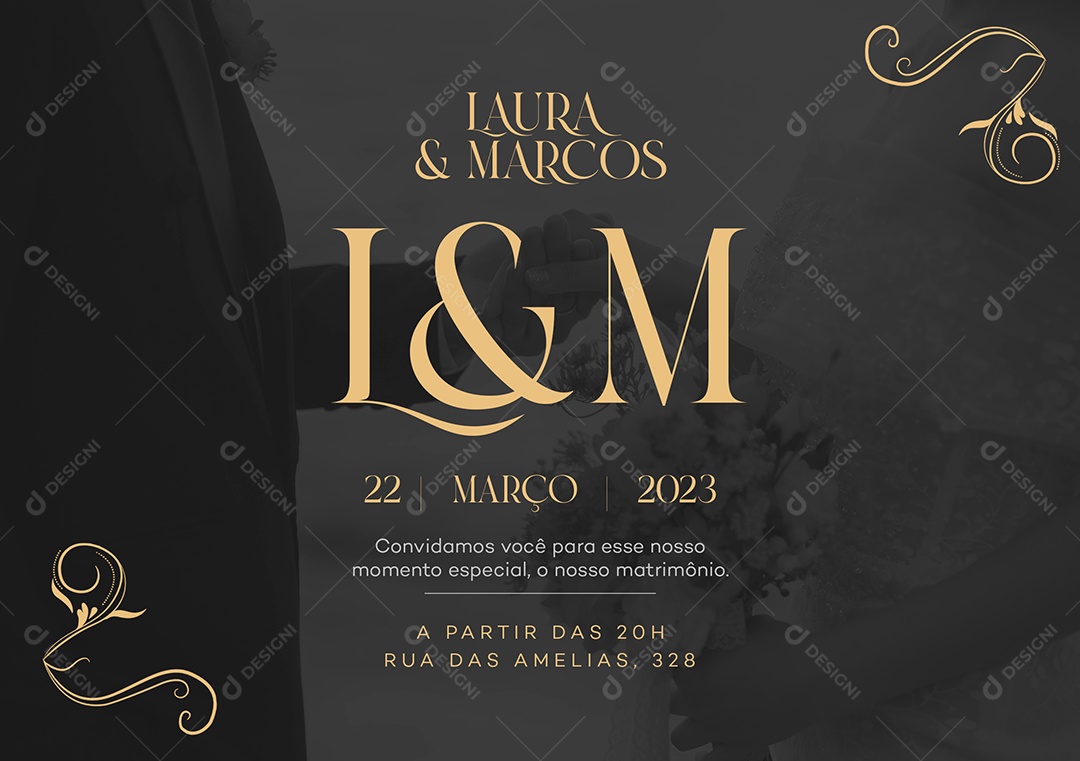 Modelo de Convite de Casamento Laura & Marcos Convidamos Você PSD Editável