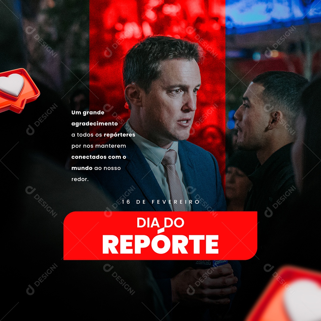 Um Grande Agradecimento a Todos os Repórteres 16 de Fevereiro Dia Do Repórter Social Media PSD Editável