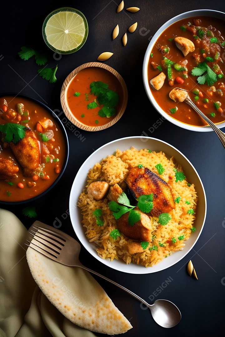 Deliciosa refeição com frango grelhado e saladas