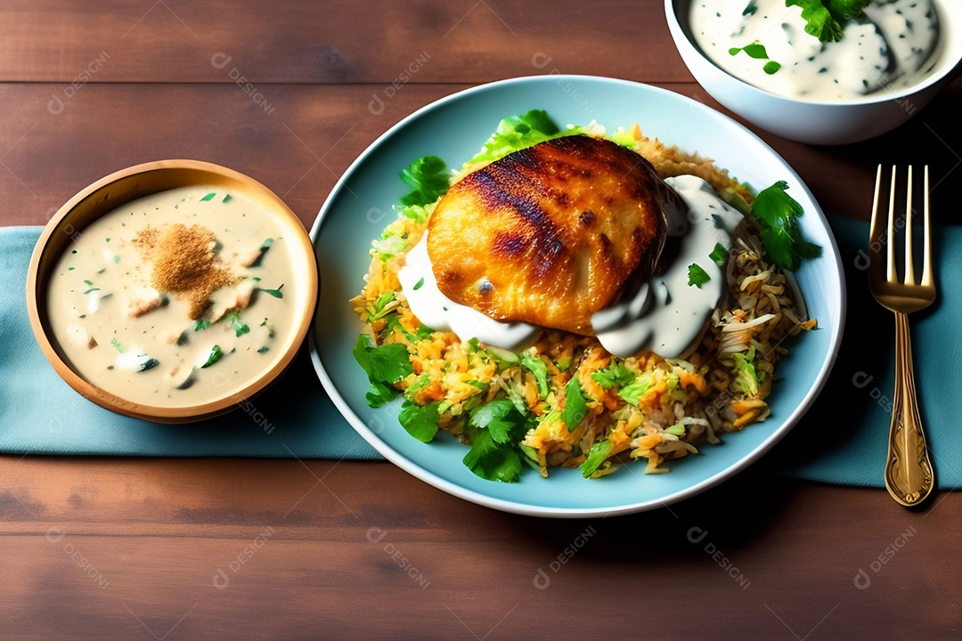 Deliciosa refeição com frango grelhado e saladas