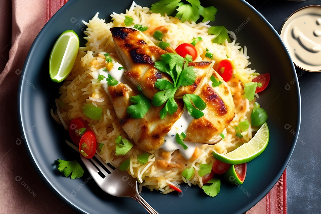 Deliciosa refeição com frango grelhado e saladas