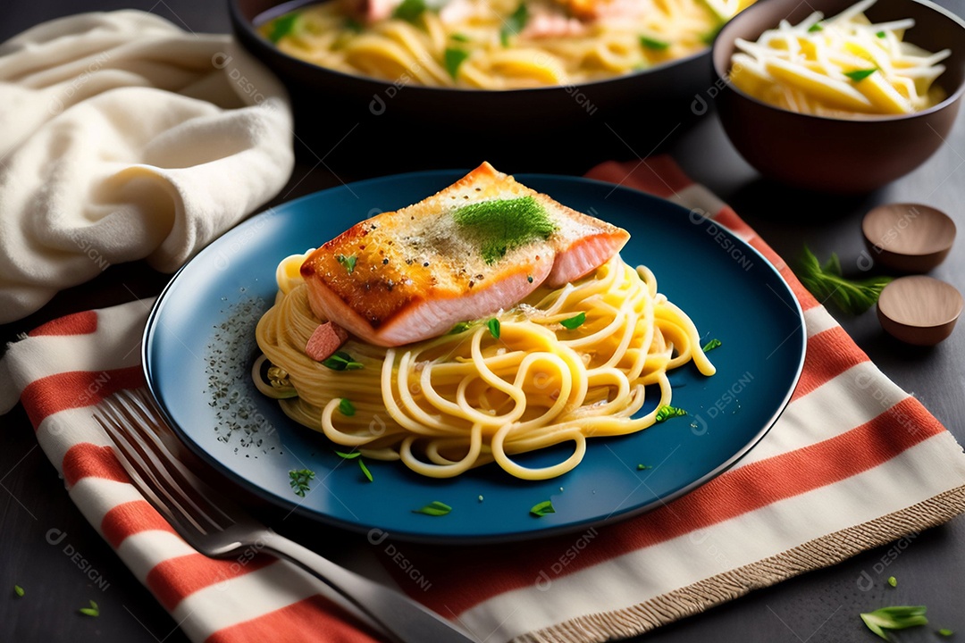 Delicioso penne a carbonara com salmão