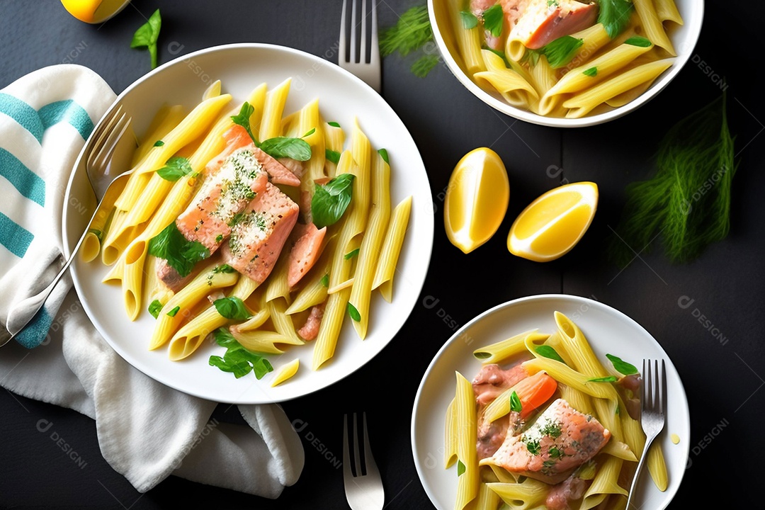 Delicioso penne a carbonara com salmão