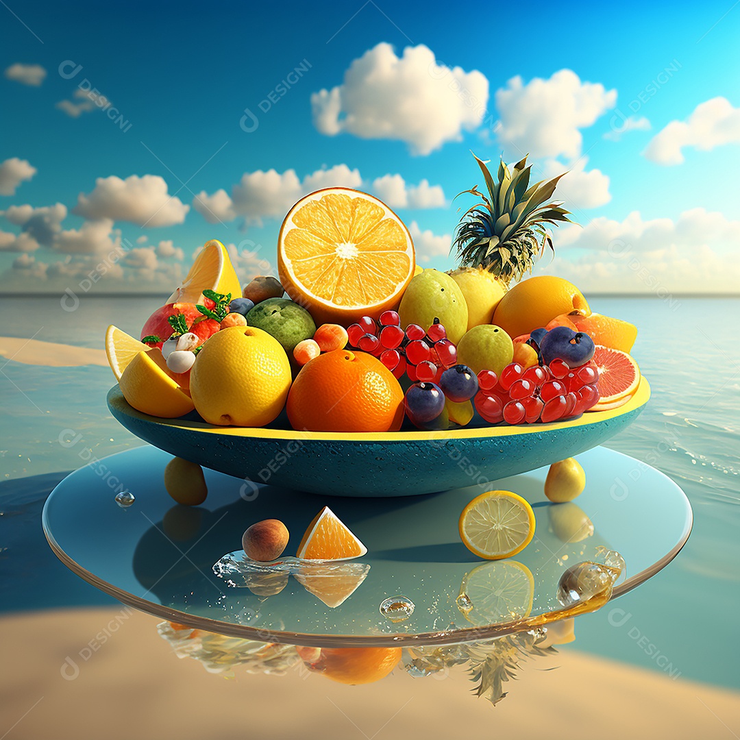 Frutas no prato com fundo de praia