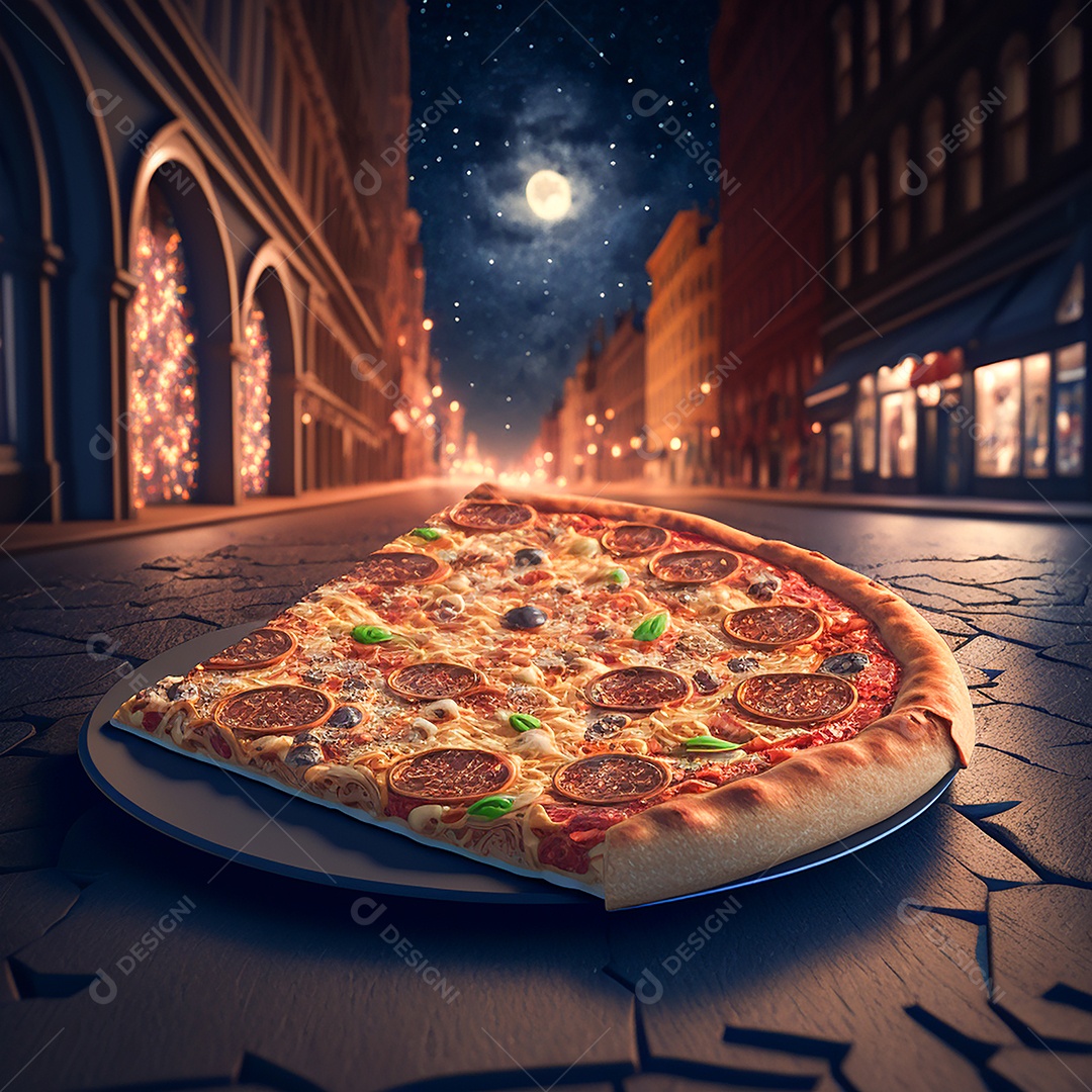 Pizza com fundo de rua à noite