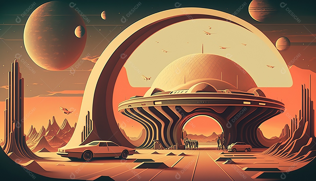 Papel de parede futurista retrô. Marte, alienígenas, veículo.