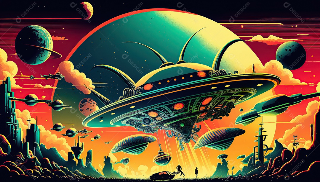 Papel de parede futurista retrô. Marte, alienígenas, veículo.