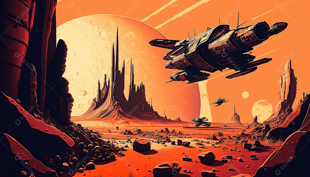 Papel de parede futurista retrô. Marte, alienígenas, veículo.