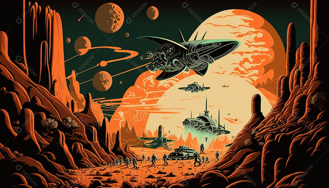 Papel de parede futurista retrô. Marte, alienígenas, veículo.