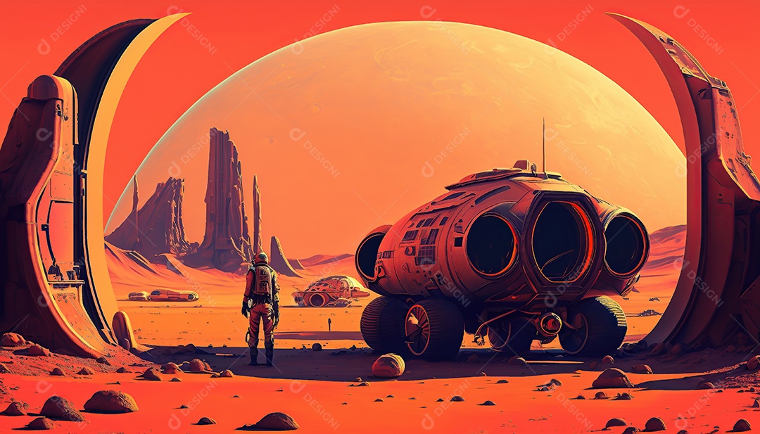 Papel de parede futurista retrô. Marte, alienígenas, veículo.