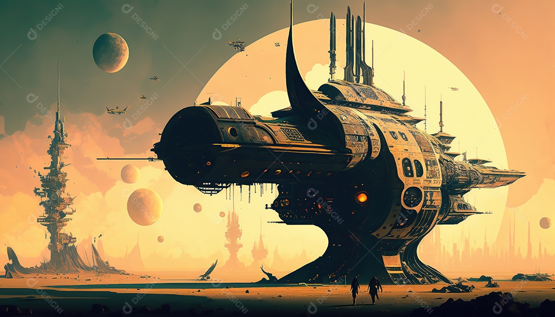 Papel de parede futurista retrô. Marte, alienígenas, veículo.