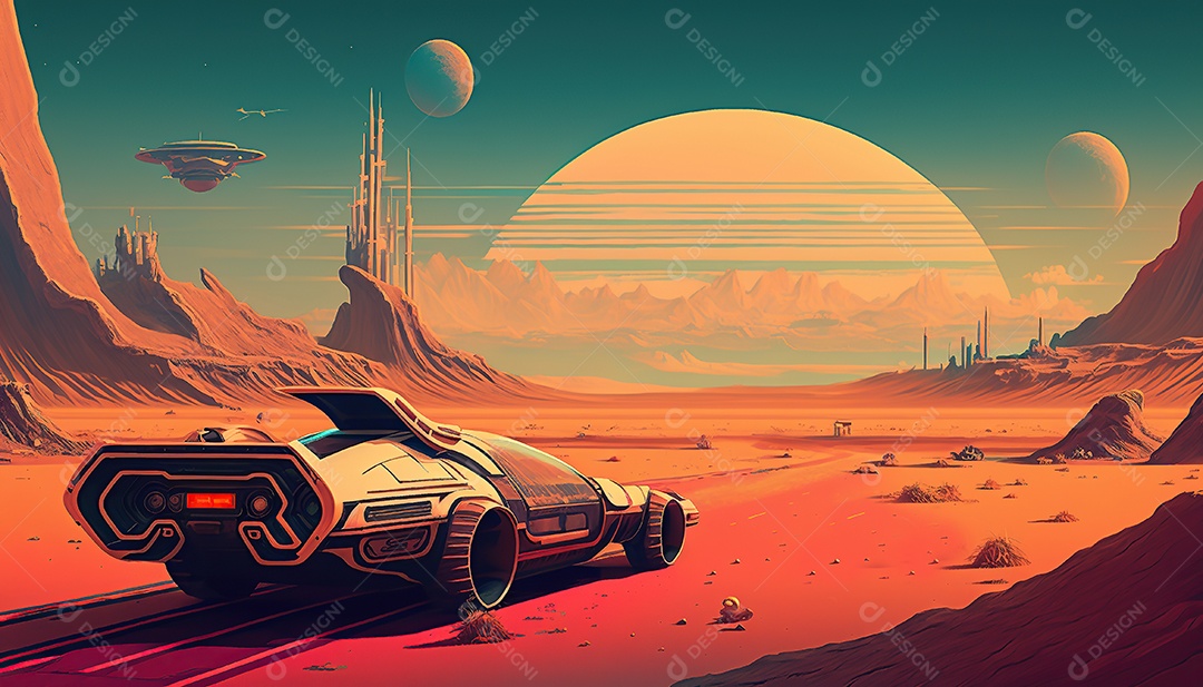 Papel de parede futurista retrô. Marte, alienígenas, veículo.