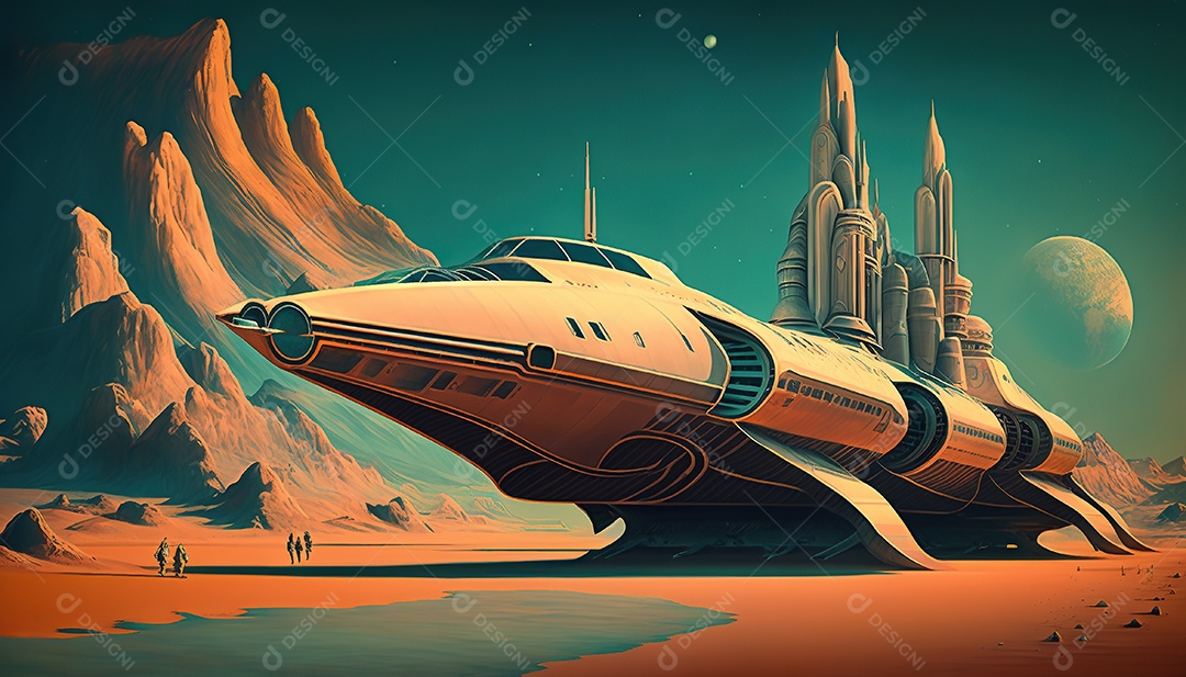 Papel de parede futurista retrô. Marte, alienígenas, veículo.