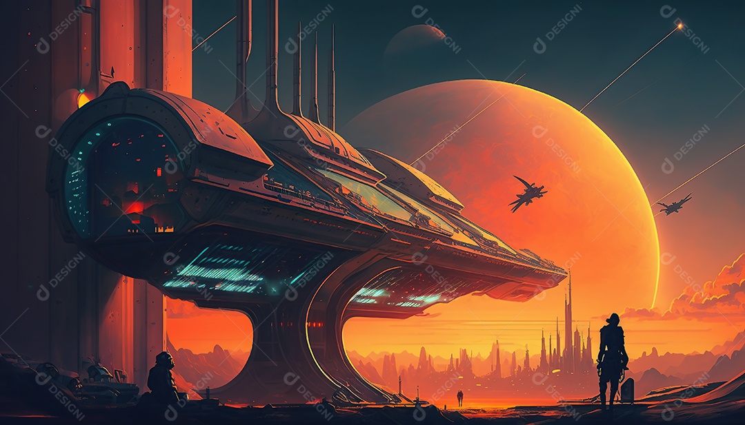 Papel de parede futurista retrô. Marte, alienígenas, veículo.