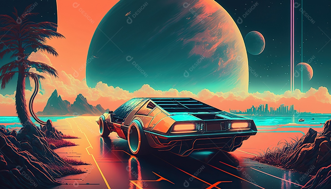 papel de parede futurista retrô. Marte, alienígenas, veículo.