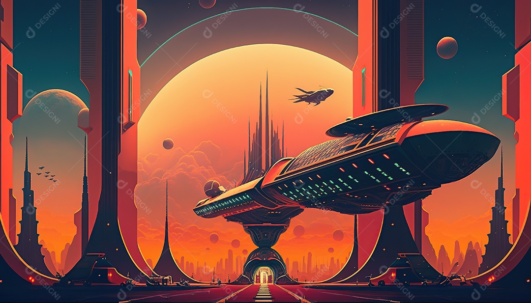 Carros voadores, com propulsão elétrica e capacidade de voar e dirigir em terra. Retrô futurista.