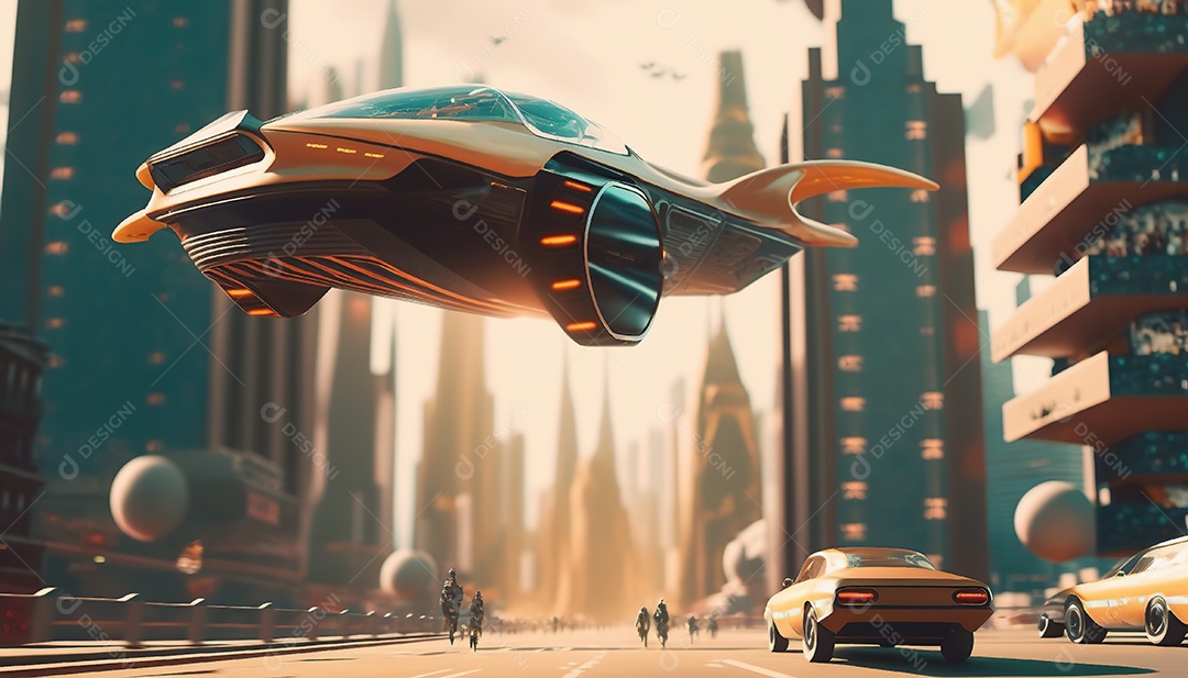 Carros voadores, com propulsão elétrica e capacidade de voar e dirigir em terra. Retrô futurista.