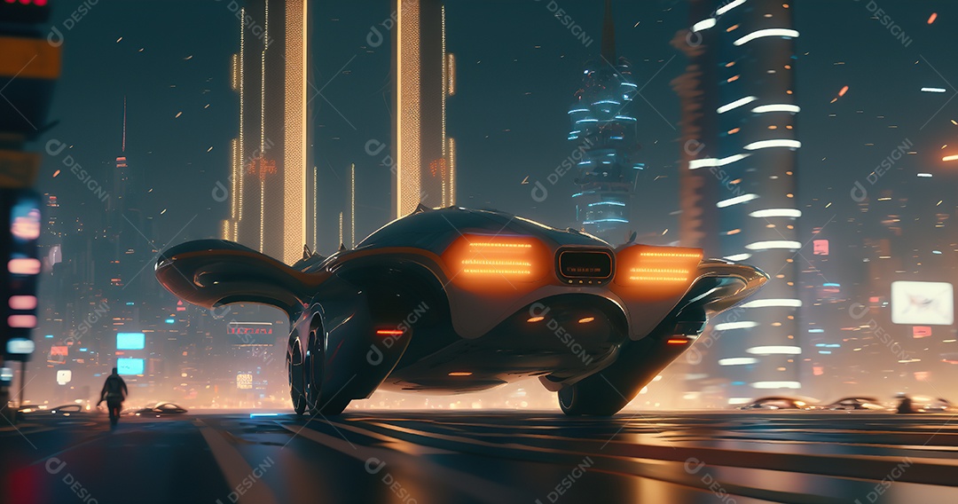 Carros voadores, com propulsão elétrica e capacidade de voar e dirigir em terra. Retrô futurista.