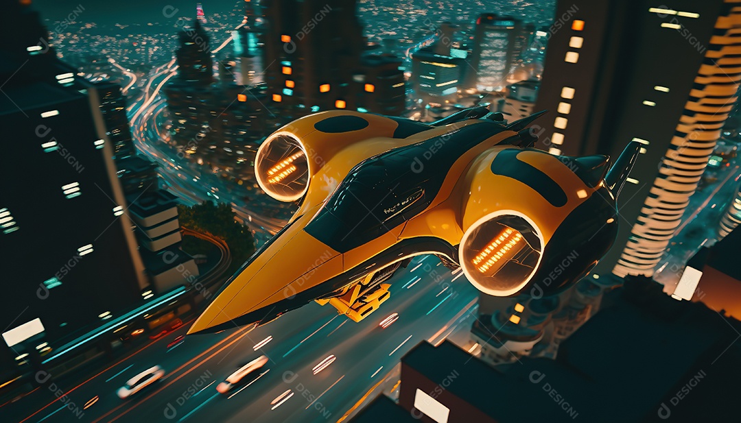 Carros voadores, com propulsão elétrica e capacidade de voar e dirigir em terra. Retrô futurista.