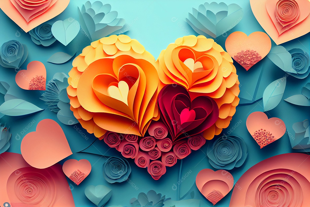 Ilustração 3D fundo de corações coloridos