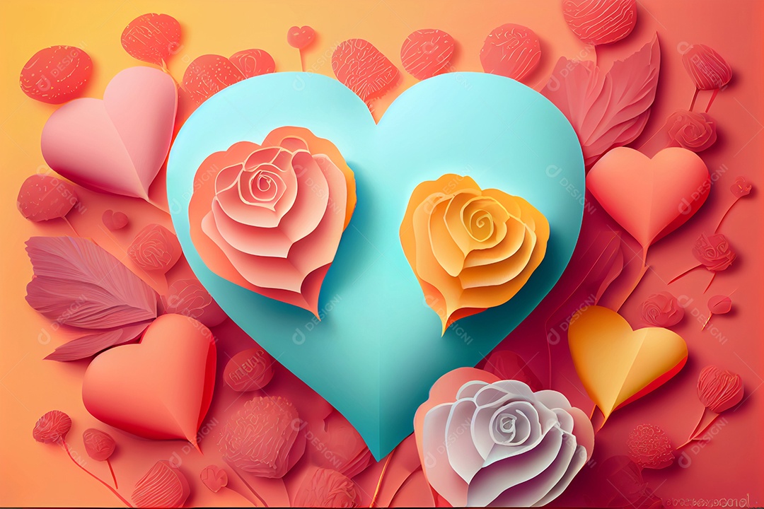 Ilustração 3D fundo de corações coloridos