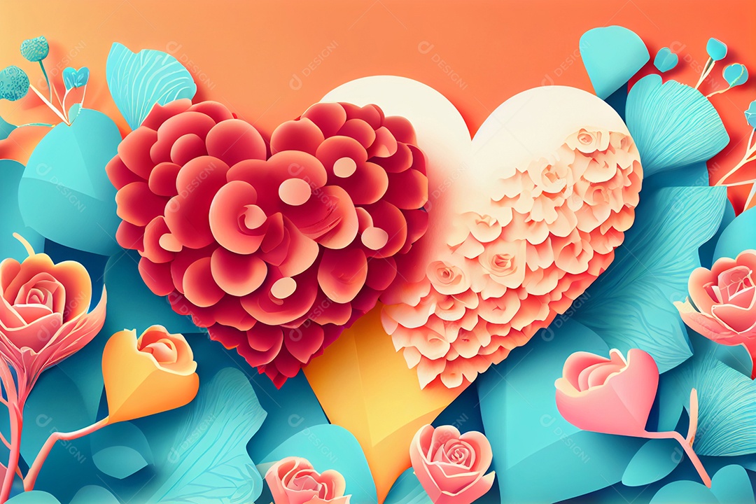 Ilustração 3D fundo de corações coloridos