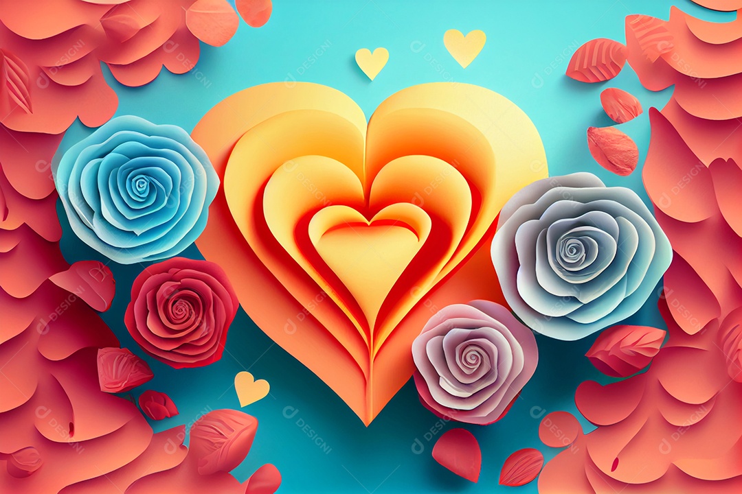 Ilustração 3D fundo de corações coloridos