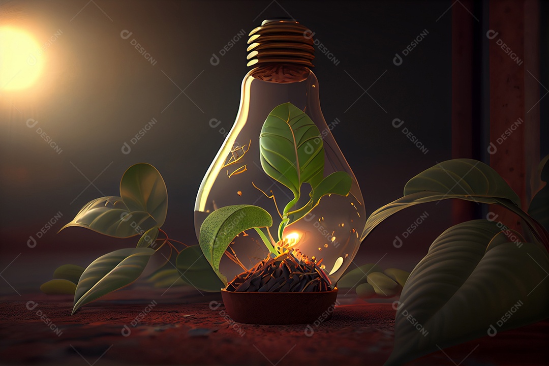 Ilustração de uma planta crescendo dentro da lâmpada