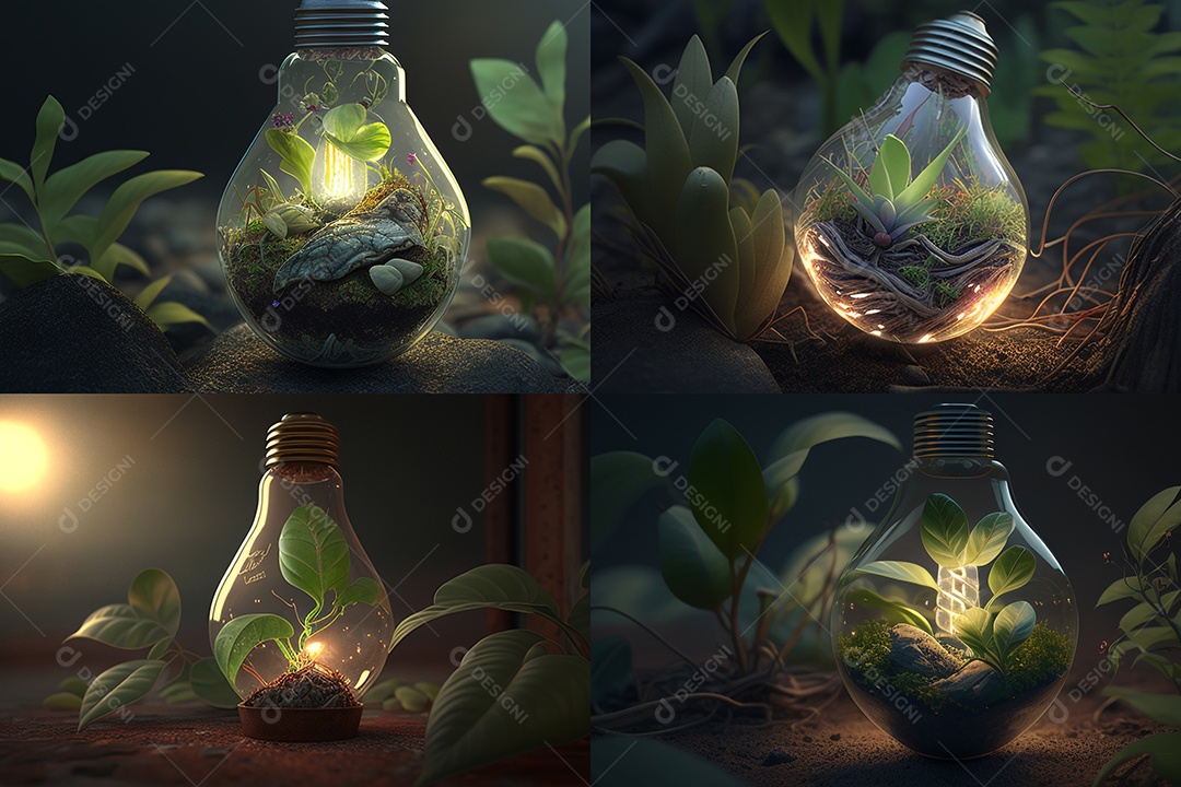 Ilustração de uma planta crescendo dentro da lâmpada