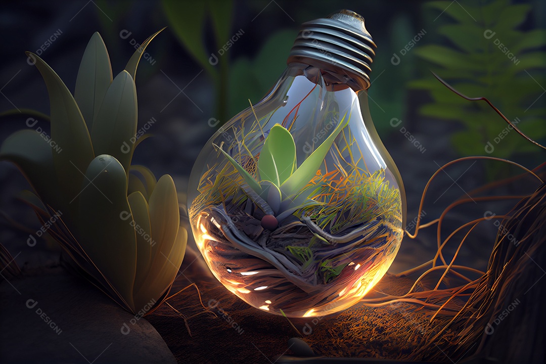 Ilustração de uma planta crescendo dentro da lâmpada