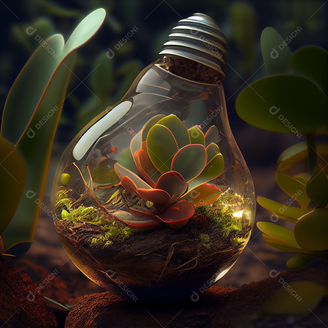Ilustração de uma planta crescendo dentro da lâmpada