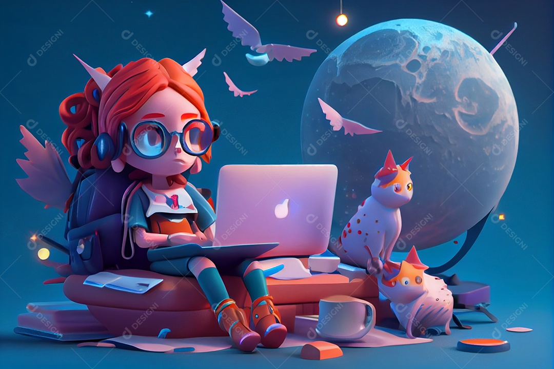 Ilustração 3D jovem mulher estudando no notebook