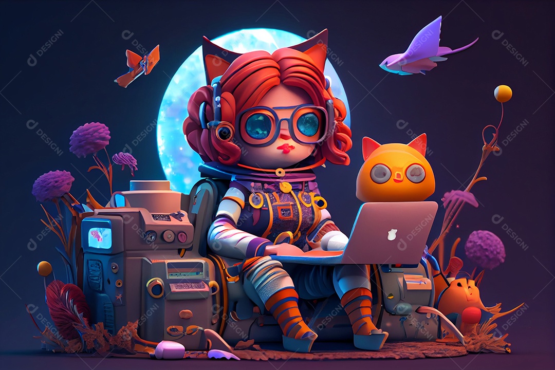 Ilustração 3D jovem mulher estudando no notebook