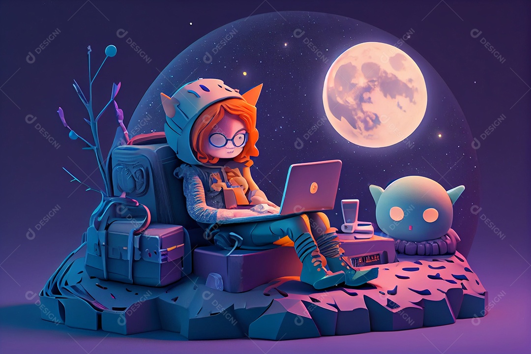 Ilustração 3D jovem mulher estudando no notebook