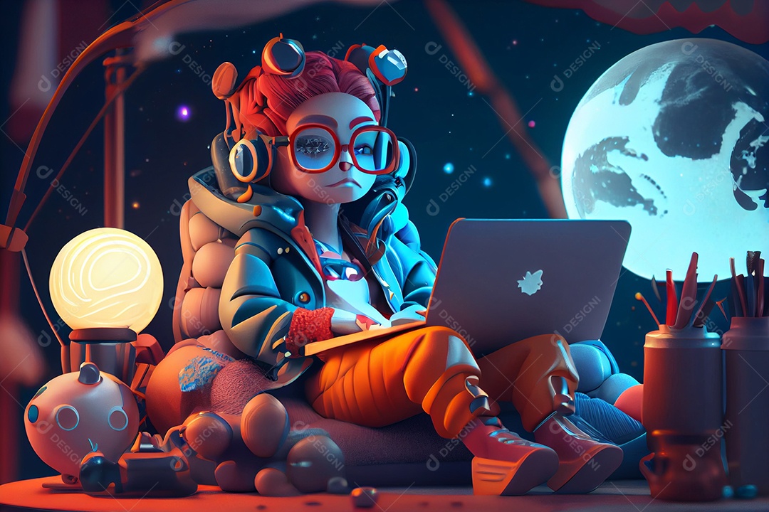 Ilustração 3D jovem mulher estudando no notebook