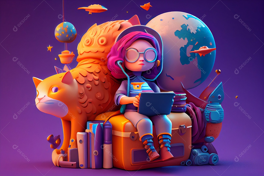 Ilustração 3D jovem mulher estudando no notebook