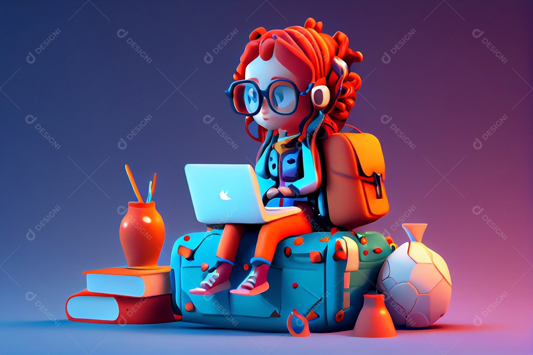 Ilustração 3D jovem mulher estudando no notebook