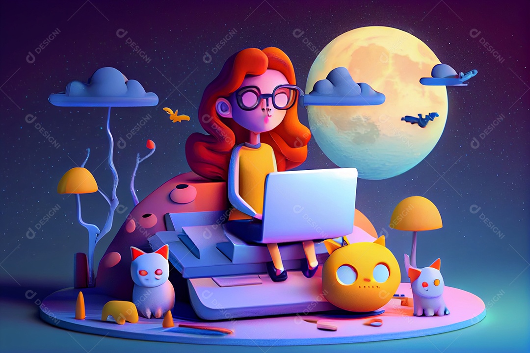 Ilustração 3D jovem mulher estudando