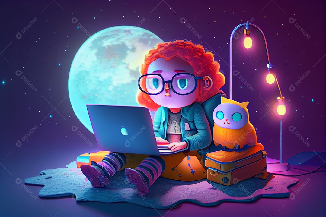 Ilustração 3D jovem mulher estudando
