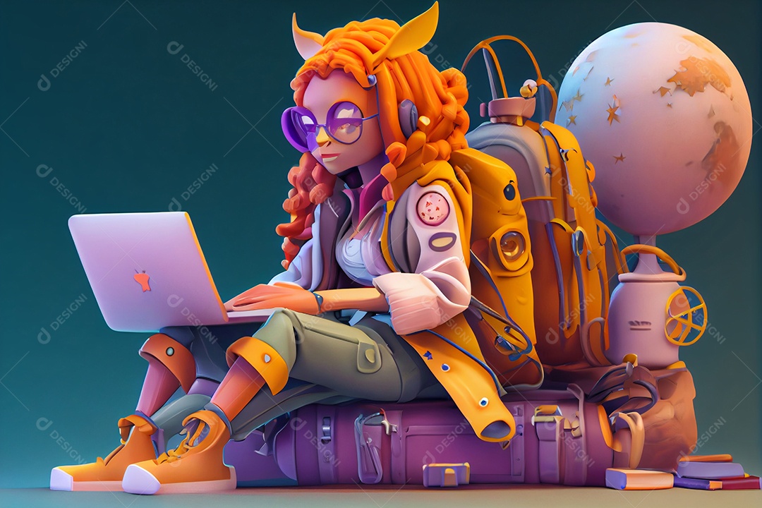 Ilustração 3D jovem mulher estudando