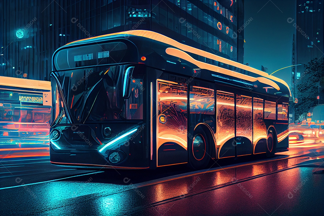 Carro veiculo futurista sobre cidade iluminada