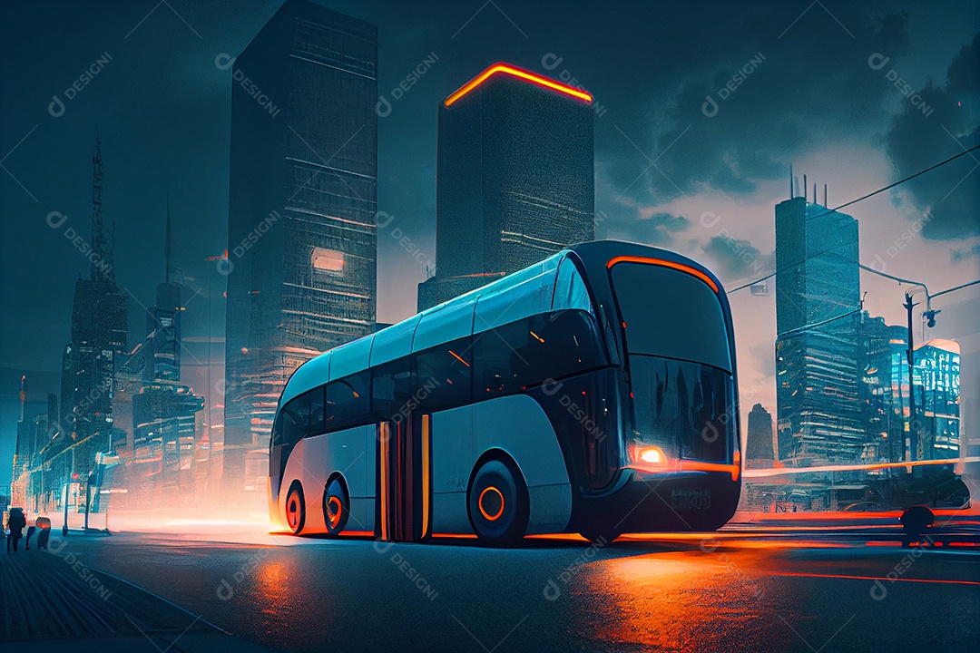 Carro veiculo futurista sobre cidade iluminada