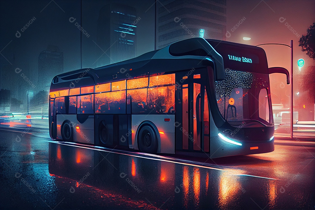 Carro veiculo futurista sobre cidade iluminada