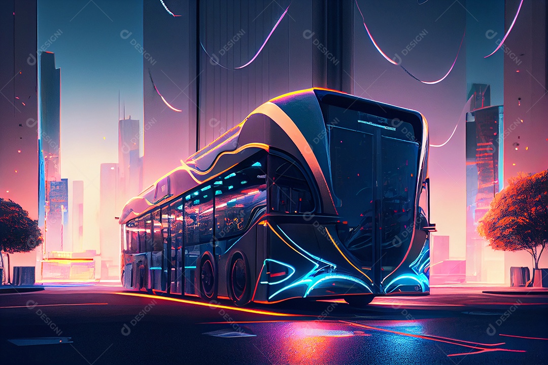 Carro veiculo futurista sobre cidade iluminada