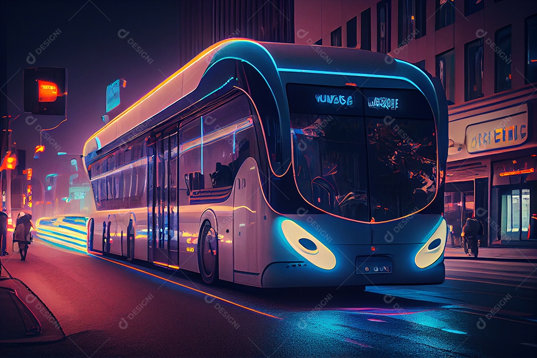 Carro veiculo futurista sobre cidade iluminada
