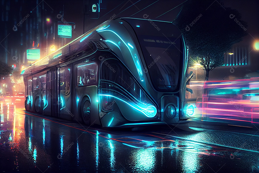 Carro veiculo futurista sobre cidade iluminada