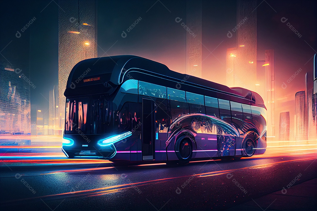 Carro veiculo futurista sobre cidade iluminada